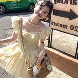 Bonnyshow  Spring New Sweet Girl Super Fairy Fresh Sweet Cute Slimming Cake Dress Bubble Sleeve Chic Yellow A-line Mini Dress for Women