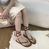 Bonnyshow  Summer Lace-Up Women Clip Toe Sandal Fashion Open Toe Narrow Band Footwear Ladies Gladiator Shoes Outdoo Flats Sandalias