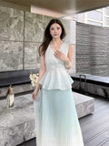 Bonnyshow  High-end temperament elegant set women spring summer V-neck sleeveless top pleated half body long skirt two-piece set