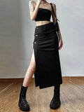 Bonnyshow Women New Skirt Summer Streetwear Fashion Zipper Casual Slim Split Maxi Skirt Black Sexy Club Party Elegant Versatile Lady Skirt