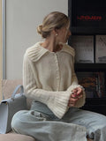 Bonnyshow  Solid Thin Short Cardigan Sweater Women Peter Pan Collar Button-up Long Sleeve Jumper Autumn Casual Simple Slim Knit Outerwear