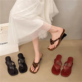Bonnyshow  Wedge Red Love High Heels Clip Flip-flops Women's Shoes Outer Wear 2025 Summer Elegant Sandals