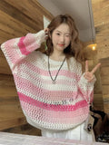 Bonnyshow  Pink Long Sleeve T-shirt Women Summer Thin Section Hollow Ice Silk Knit Sunscreen Coverall Korean Loose Tops Rainbow Stripes