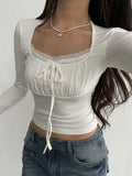 Bonnyshow Ruched Tie Lace Trim Square Collar Slim Long Sleeve White Y2K T Shirt Women Cute Japanese Kawaii Clothing