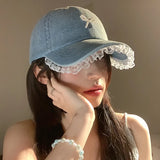 Bonnyshow Denim Diamond Bow Kont Baseball Cap Korean  Y2k Fashions Lace Baseball Hip Hop Hat Summer Designer Sun Protection Beach Hat