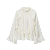 Bonnyshow  Women's Ruffled Long Sleeve Tops Elegant Round Collar Loose Blouse Decorative Layered Shirts Summer Beach Party Street Wear