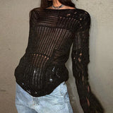 Bonnyshow  Summer New Style Vintage Ripped Hole Grunge Sweater Women Casual Loose Jumper Solid Long Pullovers Knitted Hollow Out Holidays