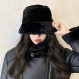 Bonnyshow Winter Plush Bucket Hat for Women Autumn Faux Fur Warm Fisherman Cap Solid Leopard Outdoor Thicken Lady Girls Panama Sun Caps