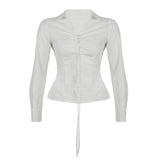 Bonnyshow Fashion Simple Lapel Neck White Shirts Women Y2k Lace Up Slim Waist Blusas Mujer 2024 Spring Autumn New Long Sleeve Blouses