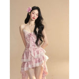 Bonnyshow  French Style Floral Printed Strap Camisole Dress for Women Summer Waist Slimming Chic Spicy Girl Ruffle Irregular Short Dress