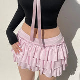 Bonnyshow Pink Bow Pleated Mini Skirts Y2k Solid A-line Skirts Kawaii Lolita Ruffle Skirts Sexy Ballet Skirts Casual Short Dress For Women