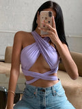 Bonnyshow Women Strappy Cross Over Front Cut Out Halter Neck Sleeveless Backless Wrap Crop Top Bandage Vest Summer Sexy Tops Woman Clothes