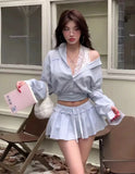 Bonnyshow  Loose Casual Blouse Stripe Shirts Mini Skirt 2 Pieces Sets Women Suit Spring Summer High Waist Short Skirt Set