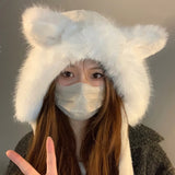 Bonnyshow Cute Plush Winter Hat for Women Cartoon Warm Female Ear Protection Cap Korean Solid Color Thicken Faux Fur Girl Ski Bonnet