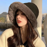 Bonnyshow Mongolian Hat Women Autumn Winter Windproof Warm Hats Thick Plush Warm Fisherman Cap Korean Ear Protection Bucket Hats