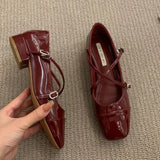 Bonnyshow  Medium Heeled Mary Jane Single Shoes   New Women Shoes Retro Thick Heeled Ballet Shoes Cross Buckle Shallow Soft Sole Shoe