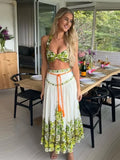 Bonnyshow  Sexy Halter Top Shirt Printed Skirt Set Women Retro Casual Loose Shirt High Waist 2 Piece Sets Female 2025 Chic Street Holiday