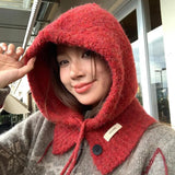 Bonnyshow Fashion Korean Version Balaclava Hat Scarf All-in-One Women Autumn And Winter Warm Earmuffs Hooded Neck Knitted Wool Hat