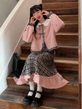 Bonnyshow Skirts And Jackets Women Vintage Plaid Kawaii Elegant Party Female Bow Korean Dress Autumn Winter Two Piece Set