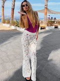 Bonnyshow Sexy Perspective White Flare Pants Summer Women Vacation High Waist Long Trousers Lace Beach Style Female Pants