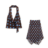 Bonnyshow  2025 Summer Casual Dot Printed Women Suit Fashion Halter Backless Sleeveless Zipper Tops Elegant Elegant Ladies Skirt Set