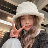 Bonnyshow Faux Fur Bucket Hat for Women Winter Thick Plush Girls Fisherman Cap Korean Solid Color Warm Fluffy Sun Visor Panama Caps