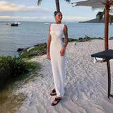 Bonnyshow White Knitted Long Dress Women Sexy See Through Slim Beach Dress Summer Elegant Fashion Sleeveless Holiday Outfits 2024 Pink