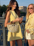 Bonnyshow  Sleeveless O Neck A-line Casual Mini Dresses Women Chic Yellow High Waist Short Robe 2025 Summer Lady Daily Evening Party Gown