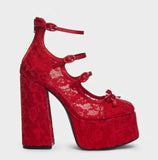 Bonnyshow  Red light Blue Floral Lace Small Bowtie Three Buckle Strap Lolita Pumps Super Platform Chunky High Heels Women Wedding shoes