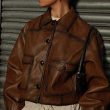 Bonnyshow Brown Leather Women's Jacket Casual Vintage Short Jackets Autumn Winter Retro Women Coat Loose Lapel Ladies Coats Outerwear