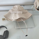 Bonnyshow Japanese Plaid Bucket Hat Summer UV Sunscreen Beach Hat Female Ins Bow Knot Big Brim Fisherman's Hat Beach Accessories