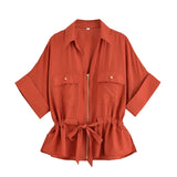 Bonnyshow  Women Adjustable Drawstring Waist Safari Shirt Short Sleeve Lapel Collar With   Pockets Loose Blouse Streetwear Lady Shirts