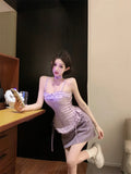 Bonnyshow  Lolita Girl Suit Women Clothes Purple Lace Y2k Slim Skirt Set Sleeveless Sexy Tank Top Bows Mini Skirt 2 Piece Outfits