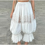 Bonnyshow  Elegant Lace Patchwork Lantern Pants Women Loose High Waist Loose Jogger Trousers Female 2025 Fashion Summer Holiday Bottom