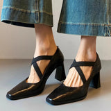Bonnyshow  Retro Simple Cross Elastic High-heels Women Shoes Temperament Versatile Pumps Shoes Solid Color Square Head Women Shoes