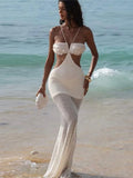Bonnyshow  Chic Halter Sequined Knitted Patchwork Maxi Dresses Elegant Backless Lace Up Hip Package Long Dress 2025 Summer Lady Beach Robes