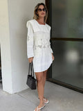 Bonnyshow  Women Solid Embroidery Hollow Out Fold Dresses Casual Vacation Ladies Full Sleeveless Above Knee Dress 2025 Summer Fashion Robe