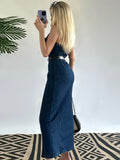 Bonnyshow  Fashion Halter Belt Jeans Long Dress For Women Single Breasted High Waist Slim Maxi Dress Lady 2025 Summer Chic Street Vestidos