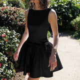 Bonnyshow  Elegant Sleeveless Bow Pleated Mini Dress For Women Spring 2025 Featuring Hip Hugging Slim Fit Backless Party Vestidos