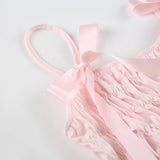Bonnyshow  Simple Fashion Solid Ruched Women Sweet 2 Piece Set Summer Causal Bow Design Trendy Suit