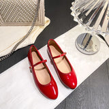 Bonnyshow  Shiny PU Leaather Flats Mary Janes Shoes Women Red Elegant Basic Pointed Toe Loafers Spring Autumn Daily Casual Black Shoes New