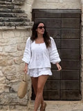 Bonnyshow  Cotton Lined Women 's Shorts Suit Solid Square Collar Full Sleeve Shirts Elastic Waist Short Pants Female Sets Summer Beachwears