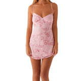 Bonnyshow  Women s Sequin Floral Embroidered Sleeveless Mini Dress with Cross Back Spaghetti Straps for Summer Beach Party