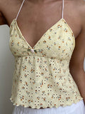 Bonnyshow  Y2K Backless Strappy Tie-up Halter Camis Floral V Neck Bustier Crop Tops Fairy Coquette Ruffle Trim Sleeveless Vest