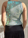 Bonnyshow  Sexy Sequined Vest Halter Top Sleeveless Round-neck Slim Fit Backless Short Blouse Sparkling Socialite Tank Women's Clothing