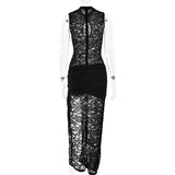 Bonnyshow Ruched Patchwork See Through Lace Maxi Dress Women Sexy Metal Buckle Hollow Out Sleeveless Bodycon Split Evening Party Long Robe