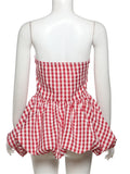 Bonnyshow  Print Red White Checkered Chest Wrap Pleated Fluffy Hem Sleeveless Backless Vacation Versatile Beach Party Trend Tops