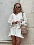 Bonnyshow  Female Solid Ruffle Loose Blouses Shorts Sets Casual High Street Ladies Full Sleeves V-neck Shirt 2 Piece Suits Summer Fashion