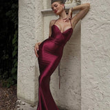 Bonnyshow Red Sexy Backless Maxi Dress Women Fashion Spaghetti Strap Slim Evening Party Dresses 2024 Sleeveless Ruched Christams Outfits