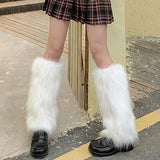 Bonnyshow Japanese Fur Legger Warmer Punk Gothic Black Thickened Fluffy Boots Solid Leg Socks Y2k Foot Cover Harajuku Fashion Warm Socks